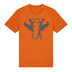 Dark grey elephant design on the front of a bright orange t-shirt against a white background