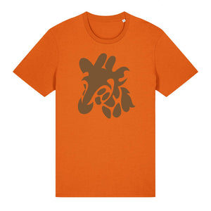 Dark brown giraffe design on the front of a bright orange t-shirt against a white background