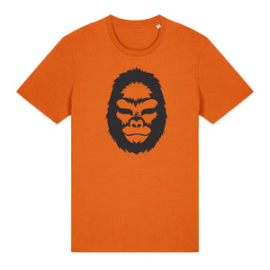 Black gorilla design on the front of a bright orange t-shirt against a white background