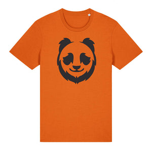 Black panda design on the front of a bright orange t-shirt against a white background
