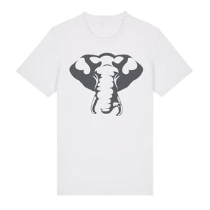 Dark grey elephant design on the front of a white t-shirt against a white background