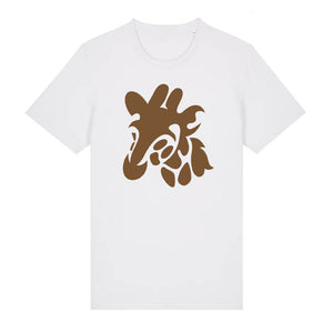 Dark brown giraffe design on the front of a white t-shirt against a white background