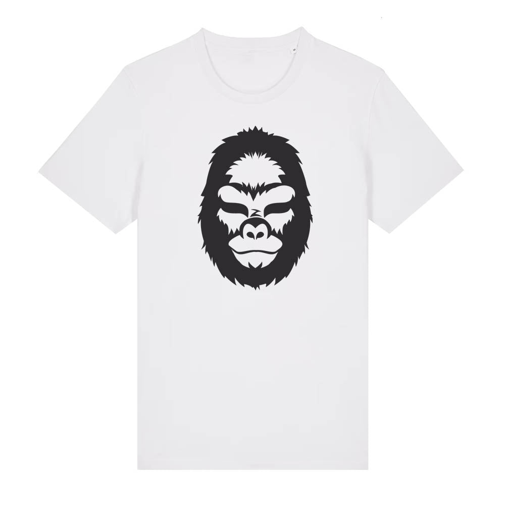 Black gorilla design on the front of a white t-shirt against a white background