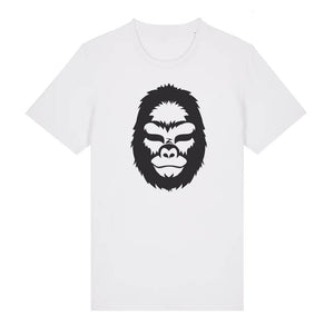 Black gorilla design on the front of a white t-shirt against a white background