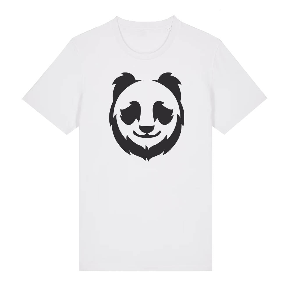 Black panda design on the front of a white t-shirt against a white background
