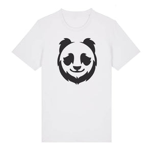Black panda design on the front of a white t-shirt against a white background