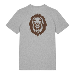 Dark brown lion design on the back of a heather grey t-shirt against a white background