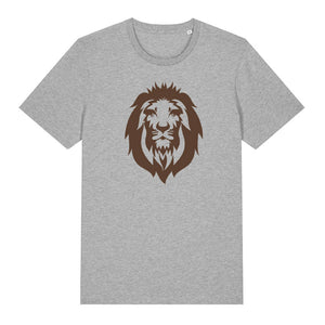 Dark brown lion design on the front of a heather grey t-shirt against a white background