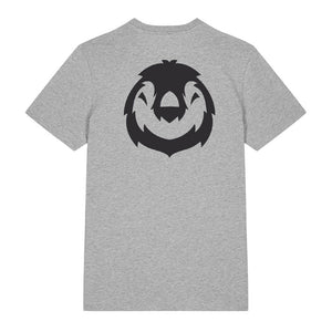 Black penguin design on the back of a heather grey t-shirt against a white background