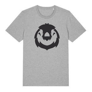 Black penguin design on the front of a heather grey t-shirt against a white background