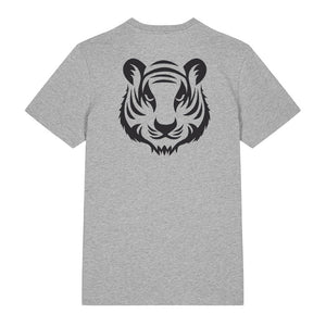 Black tiger design on the back of a heather grey t-shirt against a white background