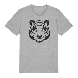 Black tiger design on the front of a heather grey t-shirt against a white background