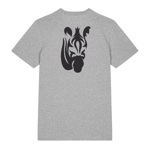 Black zebra design on the back of a heather grey t-shirt against a white background