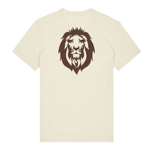 Dark brown lion design on the back of a natural raw t-shirt against a white background