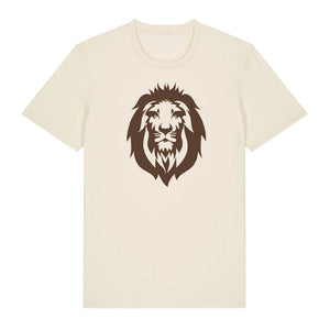 Dark brown lion design on the front of a natural raw t-shirt against a white background