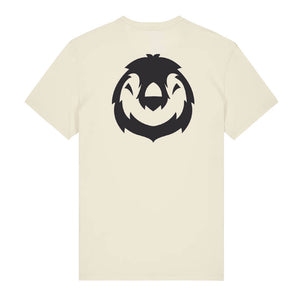 Black penguin design on the back of a natural raw t-shirt against a white background