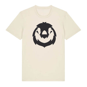 Black penguin design on the front of a natural raw t-shirt against a white background