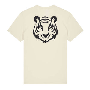 Black tiger design on the back of a natural raw t-shirt against a white background