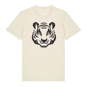 Black tiger design on the front of a natural raw t-shirt against a white background
