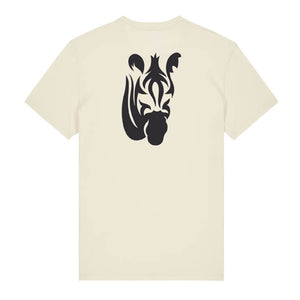 Black zebra design on the back of a natural raw t-shirt against a white background