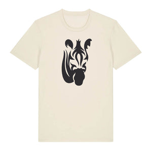 Black zebra design on the front of a natural raw t-shirt against a white background