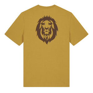 Dark brown lion design on the back of an ochre t-shirt against a white background