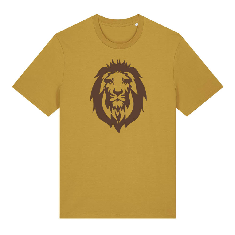 Dark brown lion design on the front of an ochre t-shirt against a white background