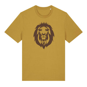 Dark brown lion design on the front of an ochre t-shirt against a white background