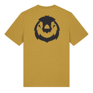Black penguin design on the back of an ochre t-shirt against a white background
