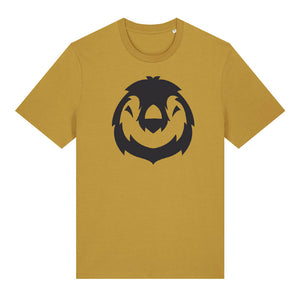Black penguin design on the front of an ochre t-shirt against a white background