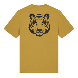 Black tiger design on the back of an ochre t-shirt against a white background