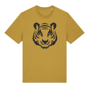 Black tiger design on the front of an ochre t-shirt against a white background