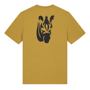 Black zebra design on the back of an ochre t-shirt against a white background