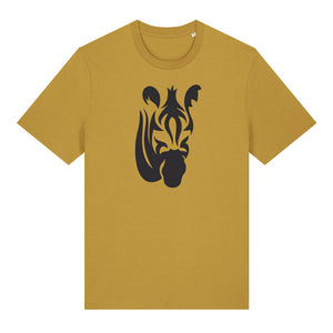 Black zebra design on the front of an ochre t-shirt against a white background