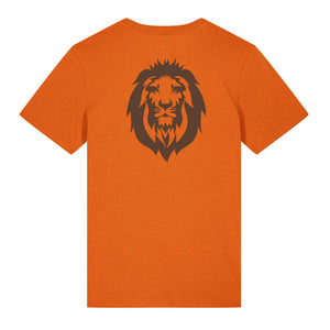 Dark brown lion design on the back of a bright orange t-shirt against a white background