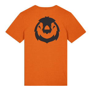 Black penguin design on the back of a bright orange t-shirt against a white background