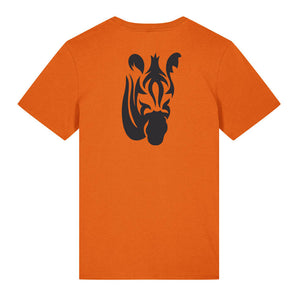 Black zebra design on the back of a bright orange t-shirt against a white background
