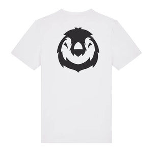 Black penguin design on the back of a white t-shirt against a white background