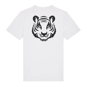 Black tiger design on the back of a white t-shirt against a white background