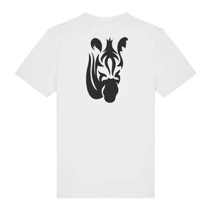 Black zebra design on the back of a white t-shirt against a white background