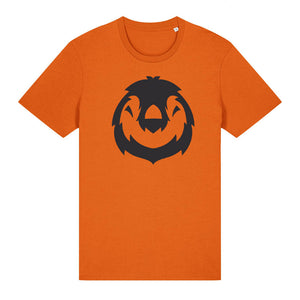 Black penguin design on the front of a bright orange t-shirt against a white background