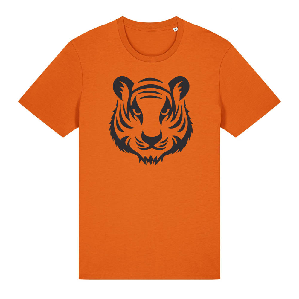 Black tiger design on the front of a bright orange t-shirt against a white background