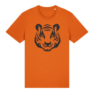 Black tiger design on the front of a bright orange t-shirt against a white background