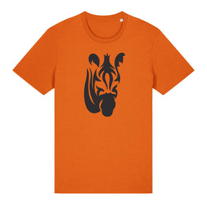 Black zebra design on the front of an bright orange t-shirt against a white background