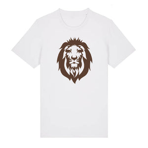 Dark brown lion design on the front of a white t-shirt against a white background