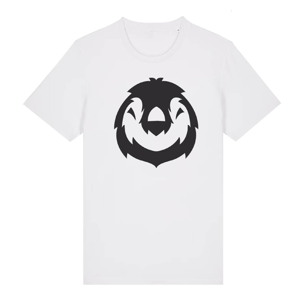Black penguin design on the front of a white t-shirt against a white background