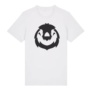 Black penguin design on the front of a white t-shirt against a white background