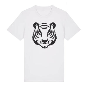 Black tiger design on the front of a white t-shirt against a white background
