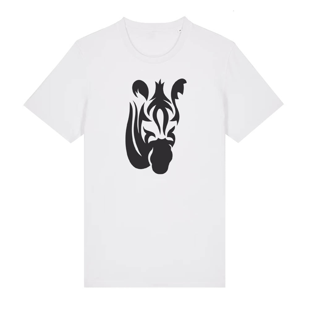 Black zebra design on the front of an white t-shirt against a white background