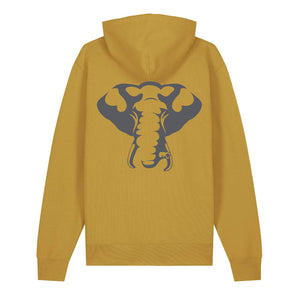 Dark grey elephant design on the back of an ochre hoodie against a white background